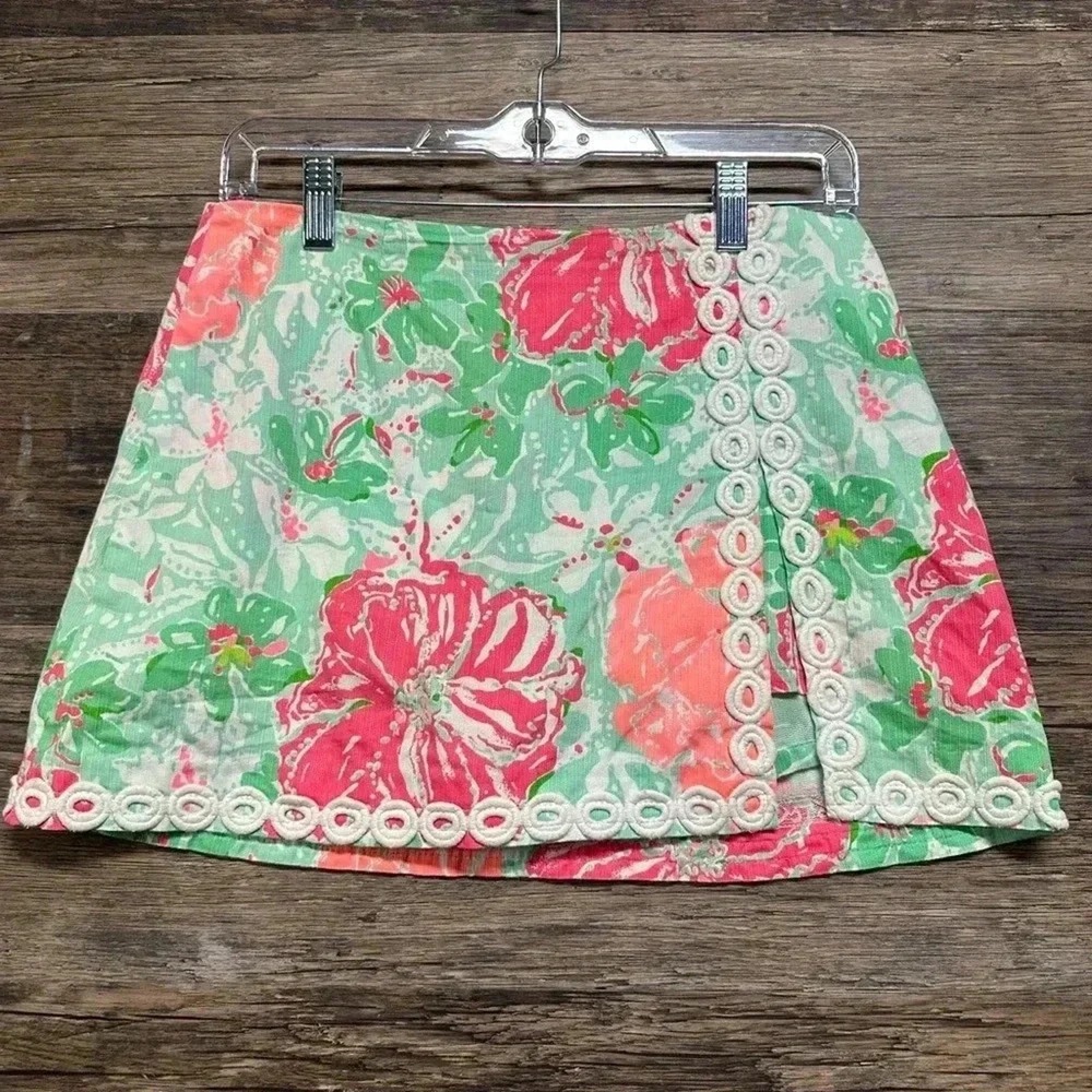 Lilly Pulitzer Green Pink Floral Mini Skirt Skort Womens Size 2